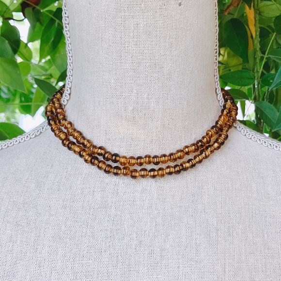 VTG Signed Vogue 50s 60s Striped Warm Amber Glass Bead Necklace 30" Matinee MCM - Picture 3 of 10